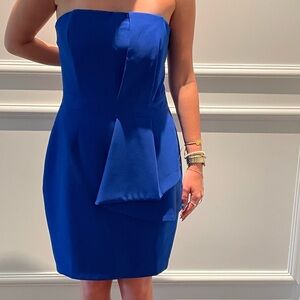 Strapless, mini, royal blue, eye-catching, and sleek